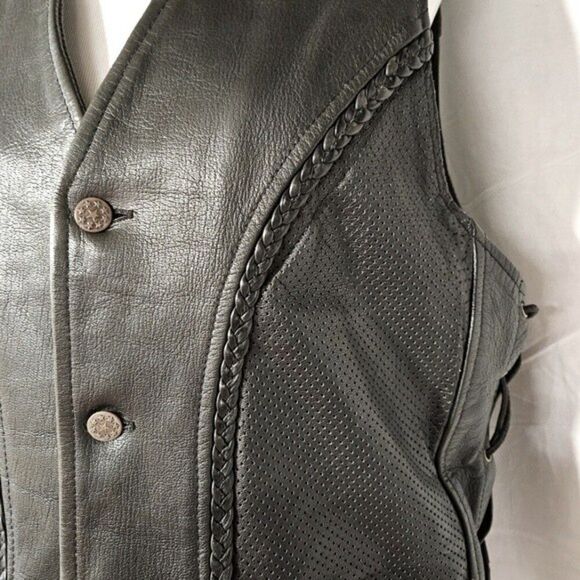 Moto Mod Black Button Front Adjustable Lace Up Sides Motorcycle Riding Vest - Picture 4 of 13